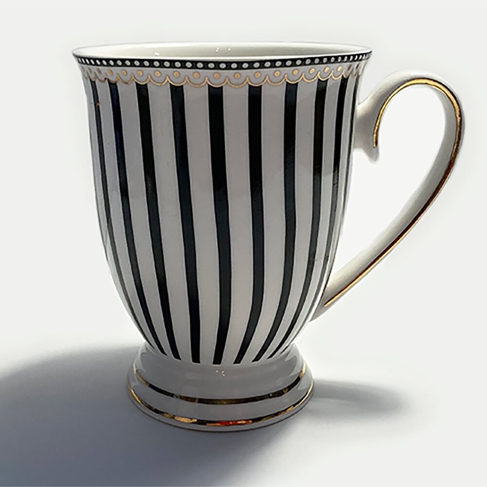 New Tall Latte Coffee 10oz B/W Striped Fine Porcelain Mug w/Hand Paint G…